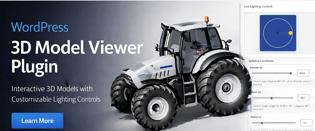 Tractor with WordPress 3D model viewer plugin features